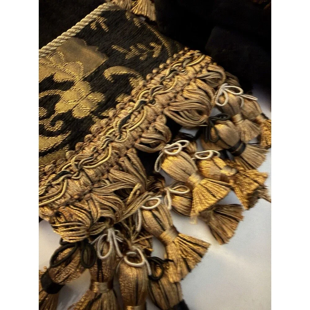 SHERRY KLINE CHINA ART BLACK & GOLD JACQUARD 3 Piece Towel Set Fringe Embellish